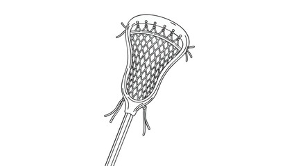 Fototapeta premium Minimalist line art illustration of a lacrosse stick crosse with a mesh pocket, isolated on a white background