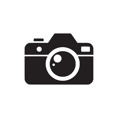 A simple black and white vector illustration of a camera with a lens and flash on a white background