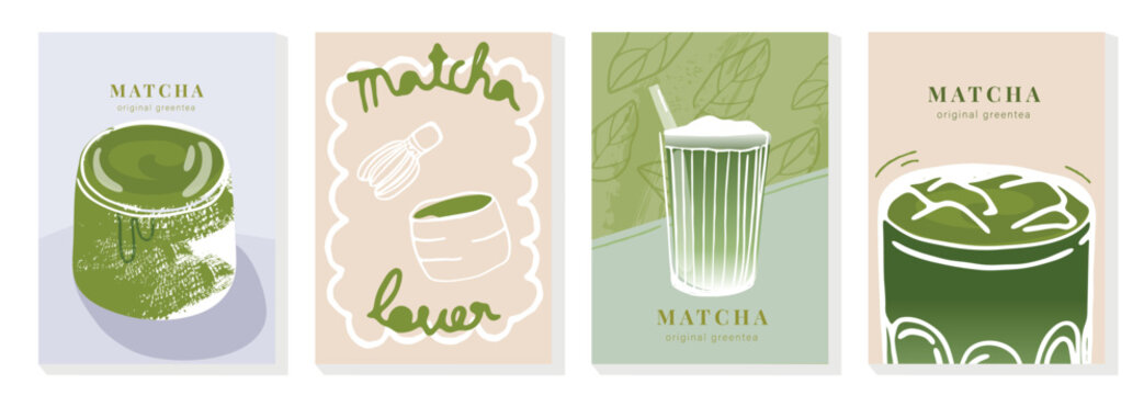 Matcha Green tea drinks background template design set. Poster of beverage, matcha latte art, green tea iced, tea ceremony. Vector illustration for logo, promotion, marketing, menu, ads.