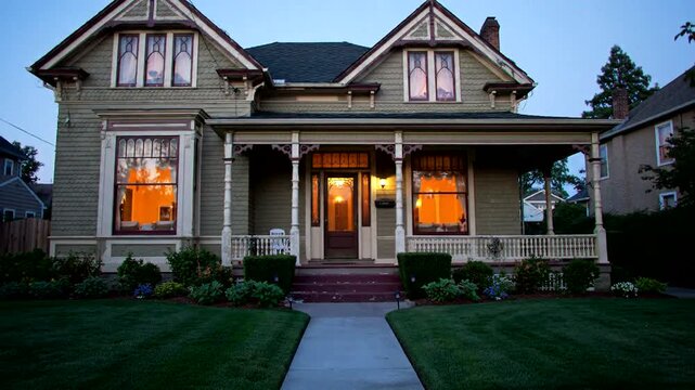 Elegant vintage house with illuminated windows, surrounded by a lush lawn, creating a cozy evening atmosphere.