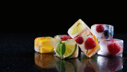 Fruit ice cubes for cocktails and cold drinks lie on an elegant dark glass surface. Stylish food background image with space for text. Contrasting, rich colors bring a sense of freshness and chill