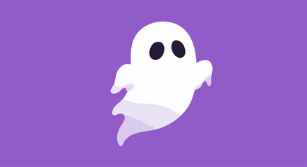 Vector illustration in minimal flat style of cute ghost character: halloween ghost, spooky ghost, cartoon ghost, and more. Isolated on solid purple background