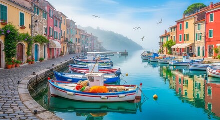 Obraz premium Vibrant coastal village with colorful boats docked in a serene harbor under a bright blue sky