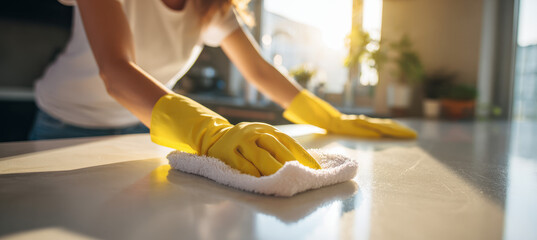 Woman wearing yellow gloves cleaning a modern kitchen countertop with a cloth