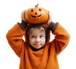 PNG Child holding a carved pumpkin head halloween costume.