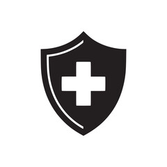 A black shield with a white cross in the center on a white background in a simple vector style