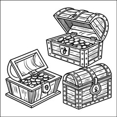 Vector hand drawn line art icon illustration of pirate treasure chest