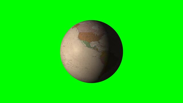 Rotating vintage globe showing continents and ocean patterns on green background