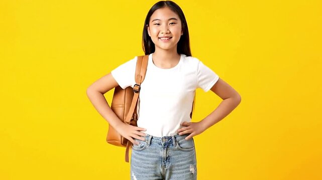 Girl with backpack white shirt jean shorts on yellow