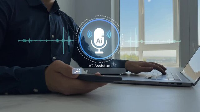 AI assistant voice chat interface.Person interacting through microphone with AI voice chat. Digital communication, speech recognition, and smart technology enabling natural conversation.