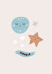 Cute Cosmic Illustration, Space Art Print, Planet and Star Characters, Minimal Pastel Poster, Baby Room Wall Decor