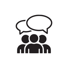 A black and white icon showing a group of people with speech bubbles above their heads discussing ideas