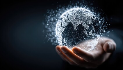 A hand holds a digital globe