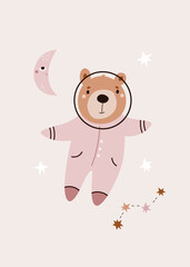 Bear Cute Astronaut Floating in Space with Stars and Moon