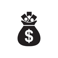 A black and white illustration of a money bag filled with cash and coins with a dollar sign on it © Ella