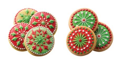 Festive Starburst Cookies: Isolated sharp PNG of round cookies with starburst icing design in red and green, festive style