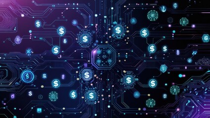 A complex digital circuit board design, densely packed with glowing dollar signs and other symbols, creating a futuristic and intricate visual representation of financial technology.