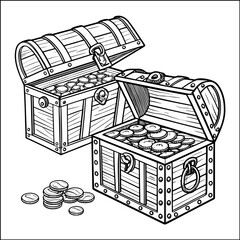 Vector hand drawn line art icon illustration of pirate treasure chest