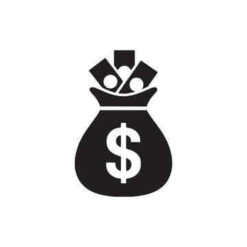 A black and white illustration of a money bag filled with cash and coins with a dollar sign on it