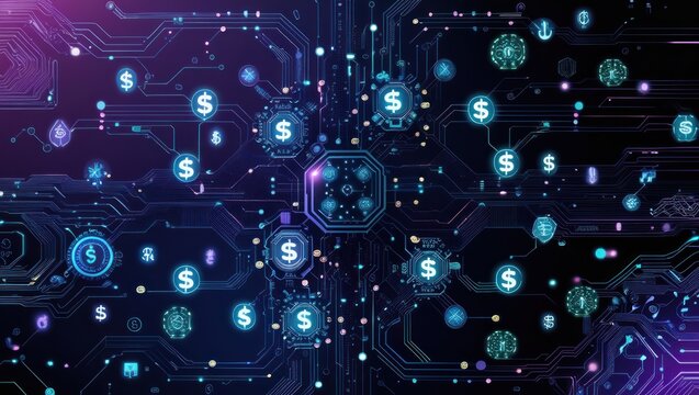 A complex digital circuit board design, densely packed with glowing dollar signs and other symbols, creating a futuristic and intricate visual representation of financial technology.