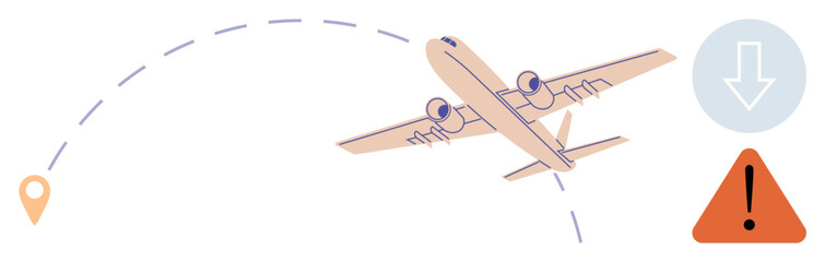 Airplane flying on a dashed flight path, orange warning sign, location marker, and downward arrow. Ideal for travel safety, navigation, aviation challenges, risk assessment, precautionary measures