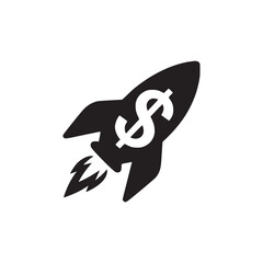 Black rocket with dollar sign on white background showing financial growth and investment success