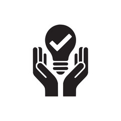 Black and white graphic of hands holding a lightbulb with a check mark inside the bulb icon