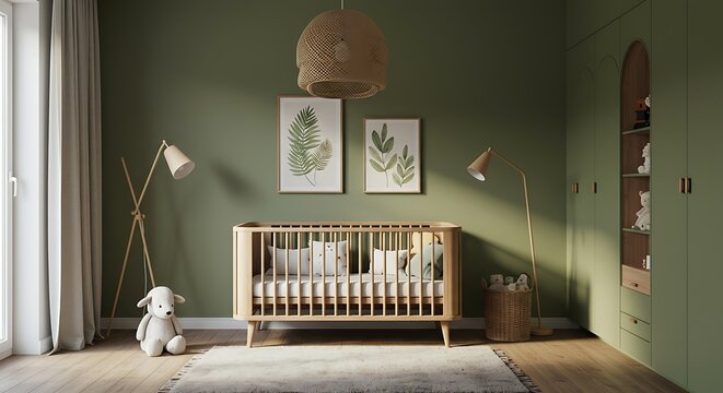 Wooden crib sits in modern nursery with green walls and natural light creating a calming and inviting atmosphere for a baby's room.