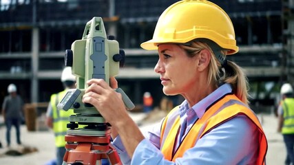 A skilled worker operates surveying equipment at a construction site, highlighting industry professionalism and safety.
