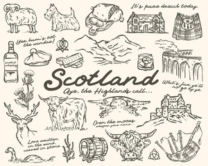 Scotland Whimsical Hand Drawn Illustration Set - whimsical style Scottish symbols	
