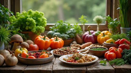Farm-Fresh Cooking Setup with Rustic Wooden Table