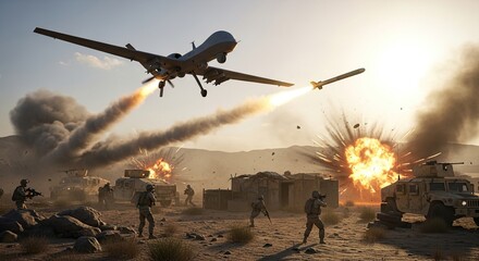 Advanced Military Drone Technology Deployed in a Simulated Combat Zone with Ground Troops and Explosions