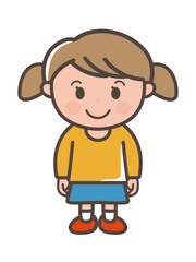 Cute Cartoon Girl Character in Yellow Shirt and Blue Shorts
