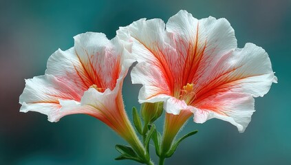 Fototapeta premium Two vibrant, close-up flowers, white with coral-orange stripes, trumpet shape, on teal backdrop