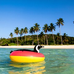 A penguin enjoys a sunny day on a vibrant inflatable ring in tropical waters.