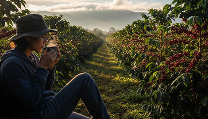 Sitting enjoying hot coffee before the coffee harvest on the plantation