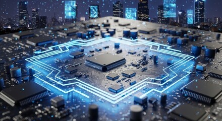 Detailed Computer Chip with Glowing Blue Circuitry Over Cityscape