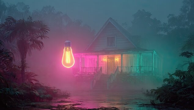 Misty jungle cabin with glowing lamp