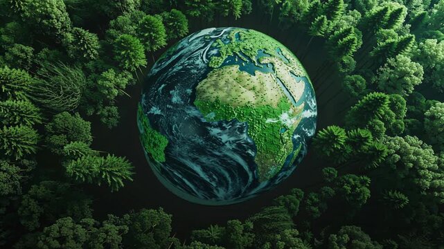 Planet earth surrounded by lush green forest - Powered by Adobe