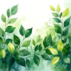 Fototapeta premium Delicate watercolor leaves and branches in soft greens and yellows create a tranquil, natural scene.