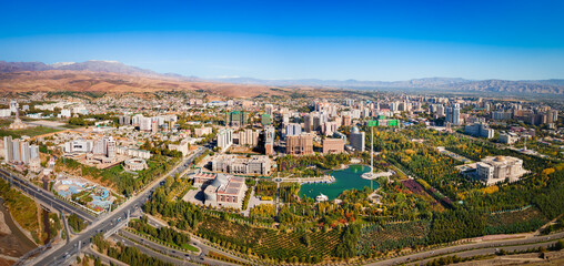 Dushanbe city aerial panoramic view in Tajikistan