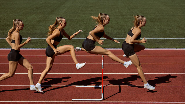 Sequence of female athlete running and jumping hurdle on stadium track. Concept of motion study, athletics training, progression, sports education, and focus with determination.