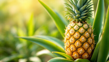 Fototapeta premium Close-up of a ripe pineapple on its plant