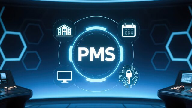The futuristic digital pms interface with glowing icons for hotel booking, property, calendar, and system control, modern hotel property management system, pms concept