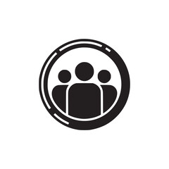 A black and white graphic of three figures inside of a circle with white background illustration