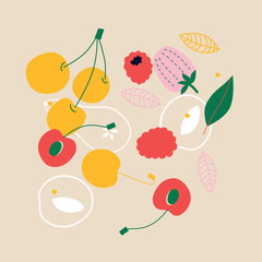 Colorful flat style illustration of assorted fruits and vegetables, whole and cut into slices. Minimal modern artwork for healthy food themes, packaging design, posters and decorative projects.