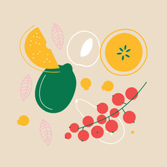 Colorful flat style illustration of assorted fruits and vegetables, whole and cut into slices. Minimal modern artwork for healthy food themes, packaging design, posters and decorative projects.