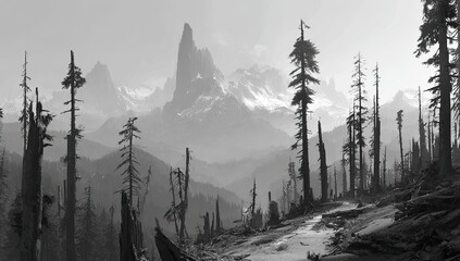 Gray mountains, barren forest, and a path