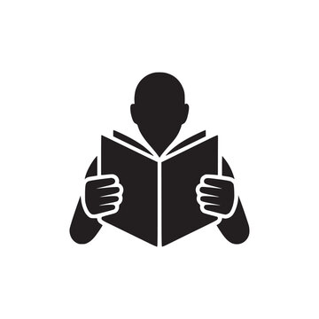 A silhouette of a person reading an open book against a plain white background illustration art