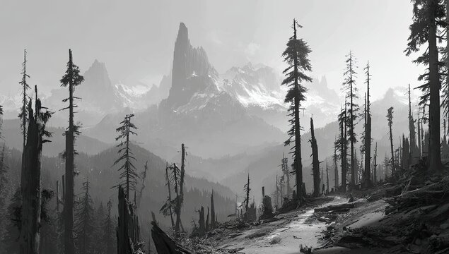 Gray mountains, barren forest, and a path - Powered by Adobe